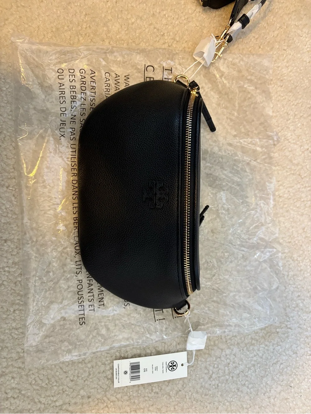 Tory Burch Black Thea Bag Pebbled Leather Crossbody Belt Bag with Gold Hardware